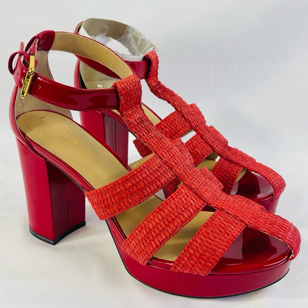 Lauren Ralph Lauren Francesca Raffia Leather Sandals - Red, Size 10